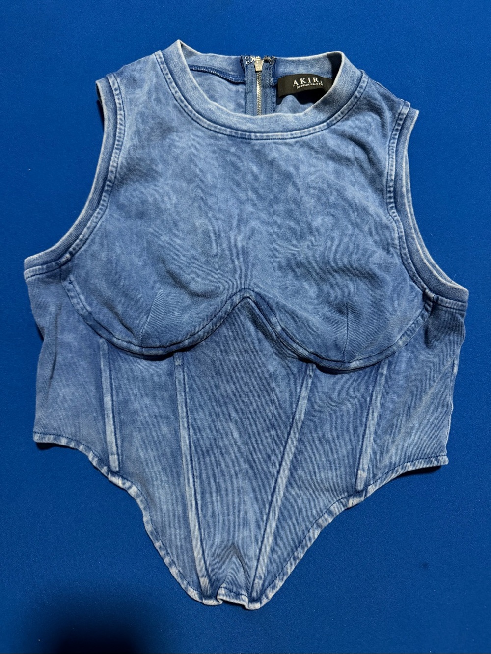 AKIRA Washed Blue Corset-Style Sleeveless Top